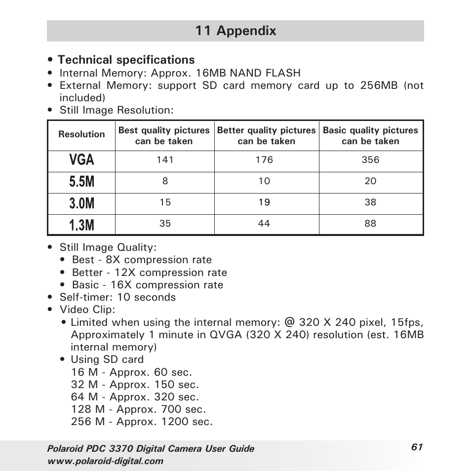 11 appendix, Technical specifications | Polaroid PDC 3370 User Manual | Page 61 / 69