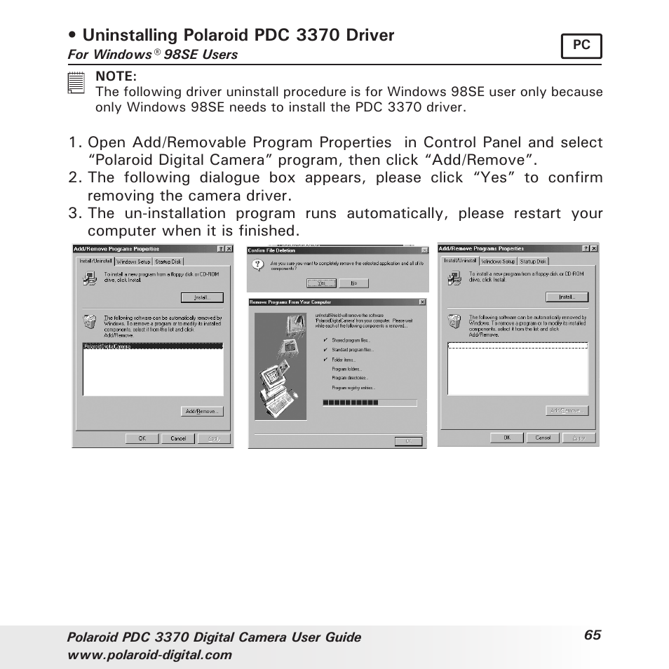 Uninstalling polaroid pdc 3370 driver | Polaroid PDC 3370 User Manual | Page 65 / 69