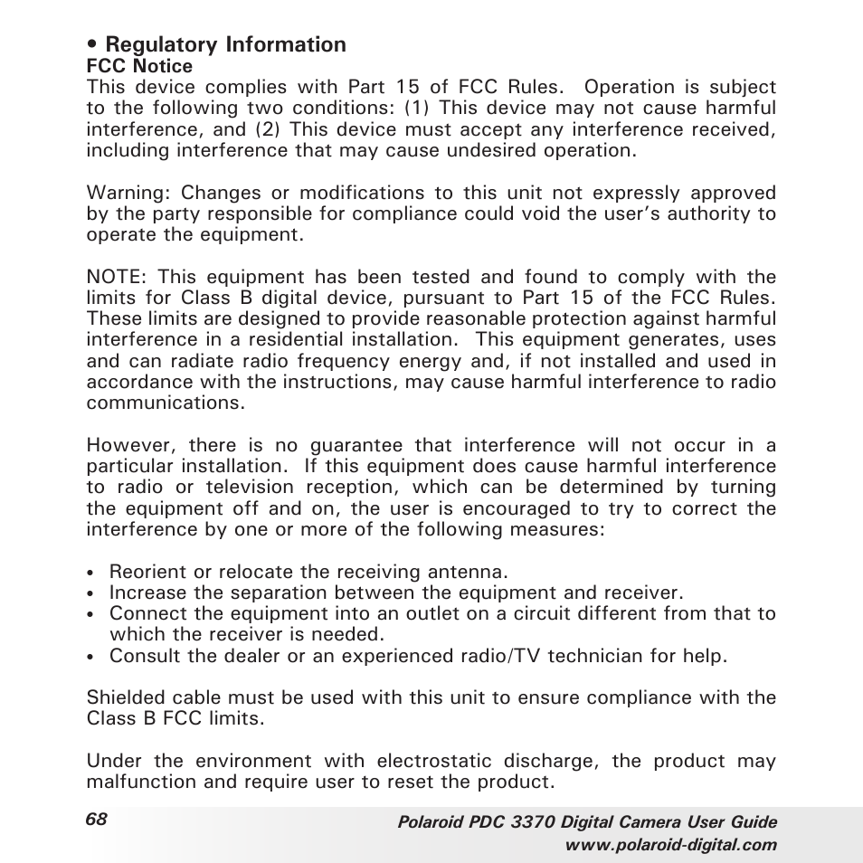 Regulatory information | Polaroid PDC 3370 User Manual | Page 68 / 69