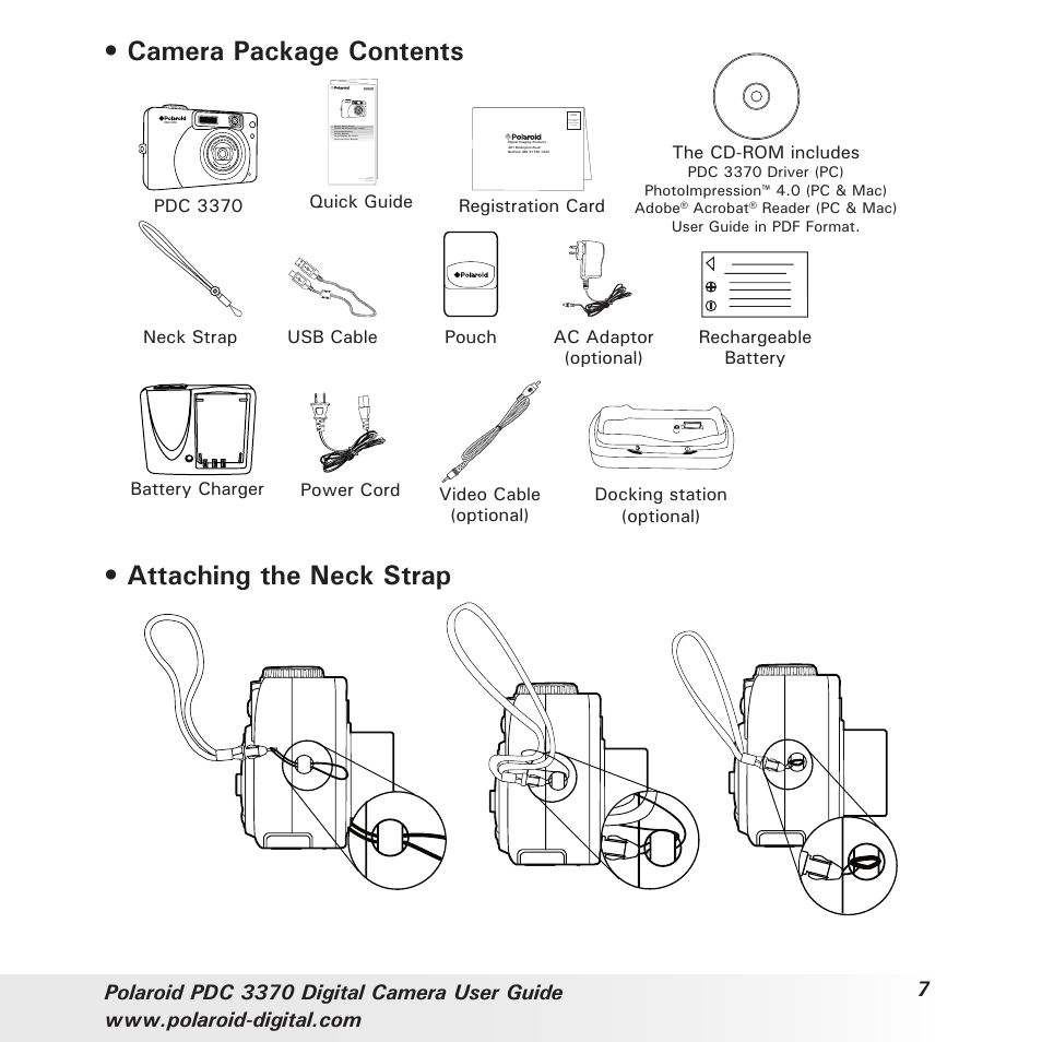 Camera package contents, Attaching the neck strap | Polaroid PDC 3370 User Manual | Page 7 / 69