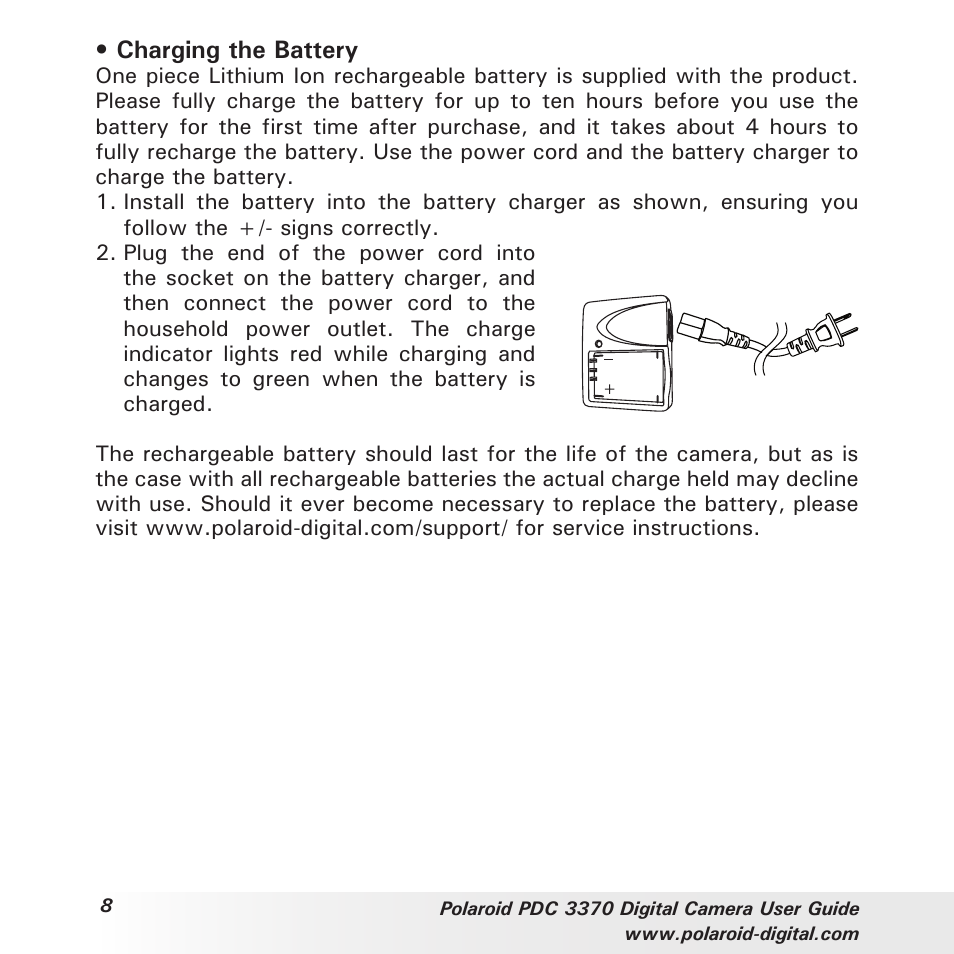 Charging the battery | Polaroid PDC 3370 User Manual | Page 8 / 69