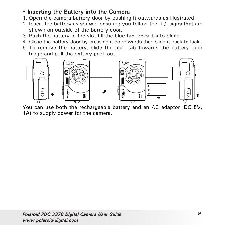 Inserting the battery into the camera | Polaroid PDC 3370 User Manual | Page 9 / 69