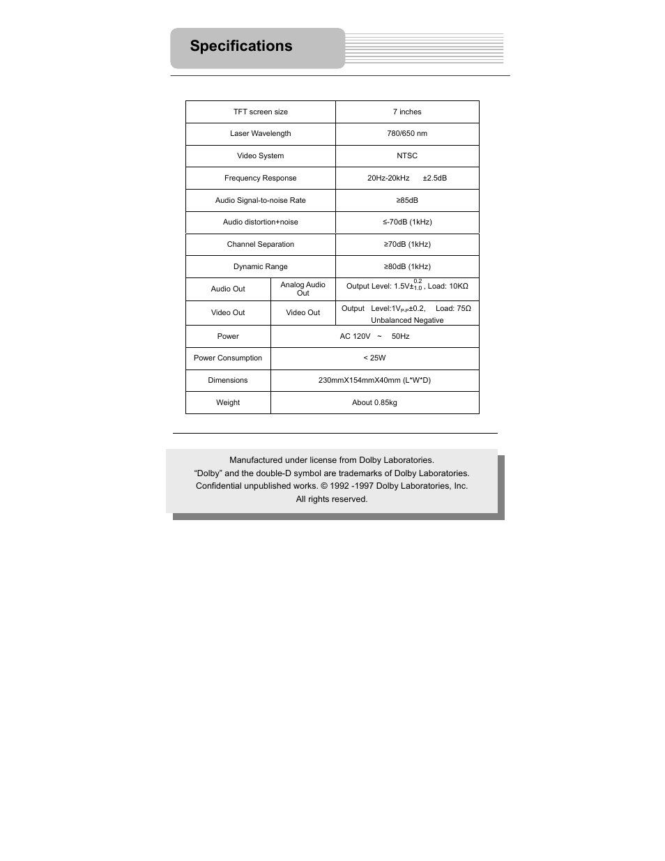 Specifications | Polaroid PDM-2727 User Manual | Page 38 / 144