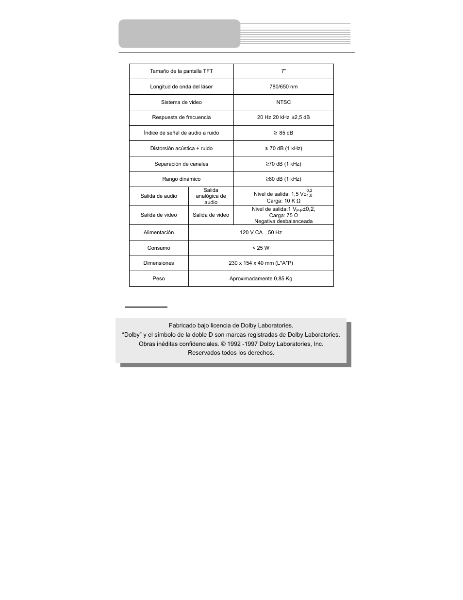 Especificaciones | Polaroid PDM-2727 User Manual | Page 86 / 144