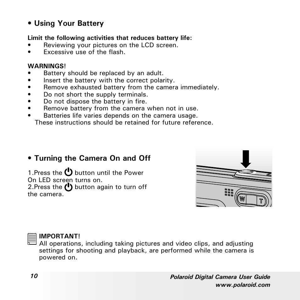 Using your battery, Turning the camera on and off | Polaroid a600 User Manual | Page 10 / 84