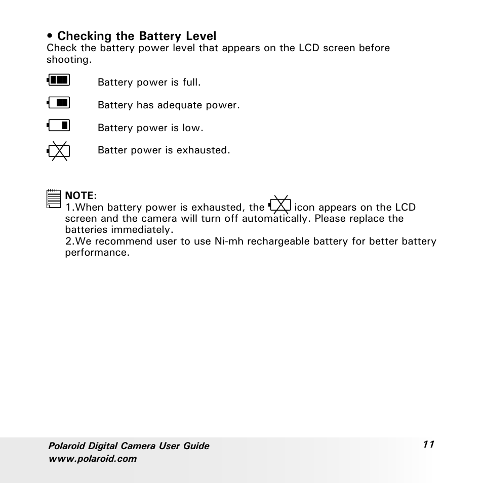 Checking the battery level | Polaroid a600 User Manual | Page 11 / 84