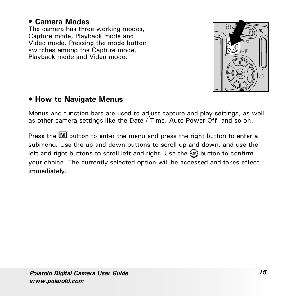 Camera modes, How to navigate menus | Polaroid a600 User Manual | Page 15 / 84