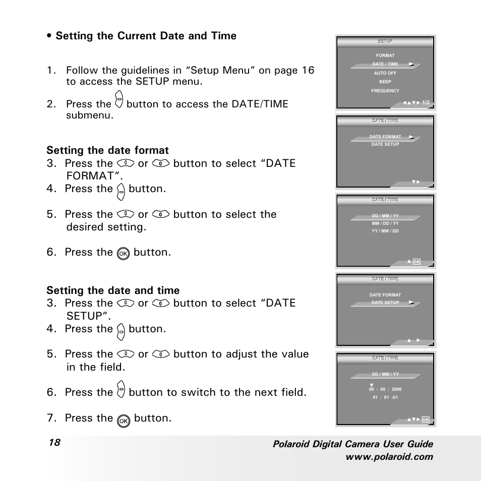 Setting the current date and time | Polaroid a600 User Manual | Page 18 / 84