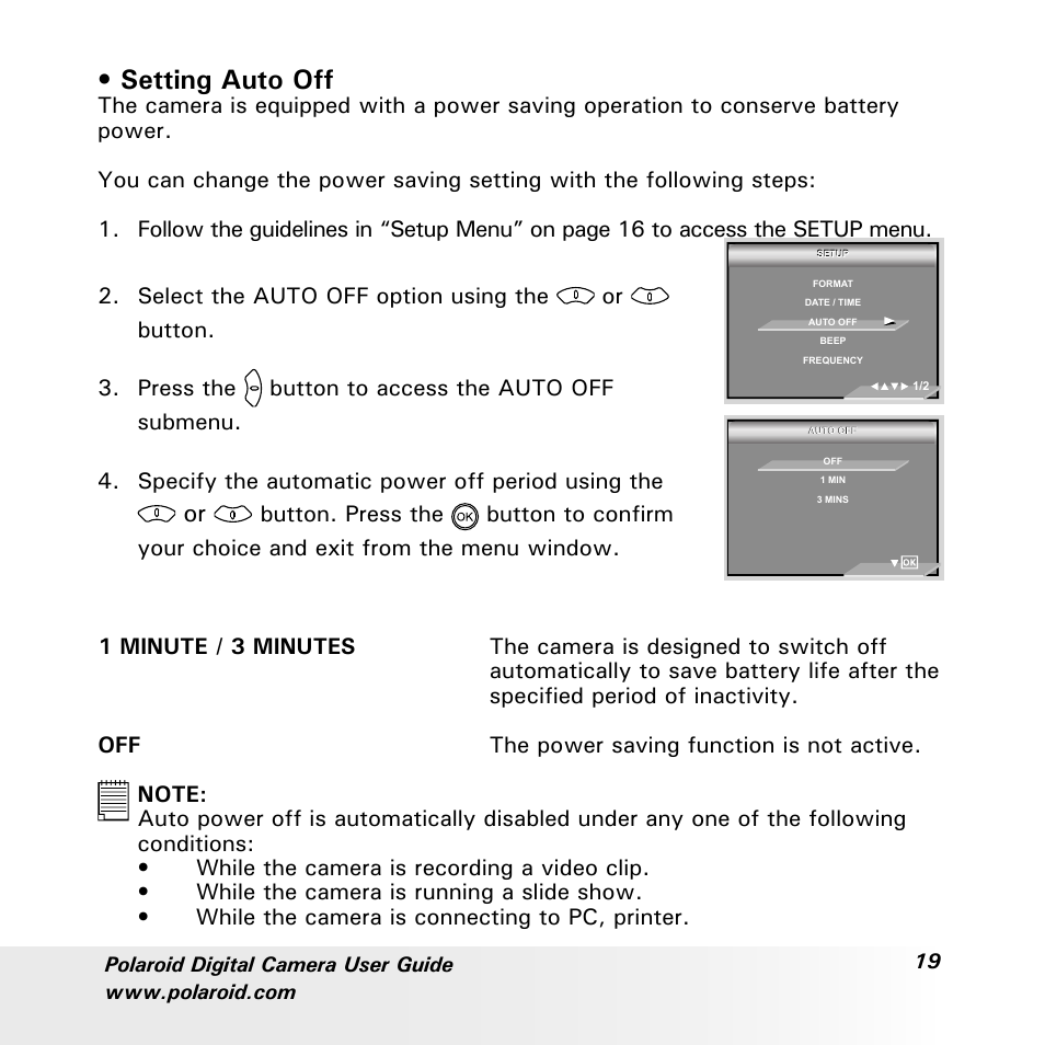 Setting auto off | Polaroid a600 User Manual | Page 19 / 84