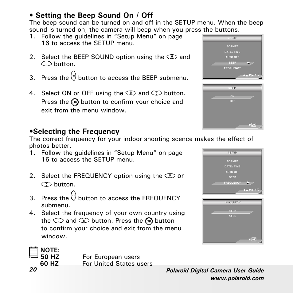 Setting the beep sound on / off, Selecting the frequency, Button | Polaroid a600 User Manual | Page 20 / 84