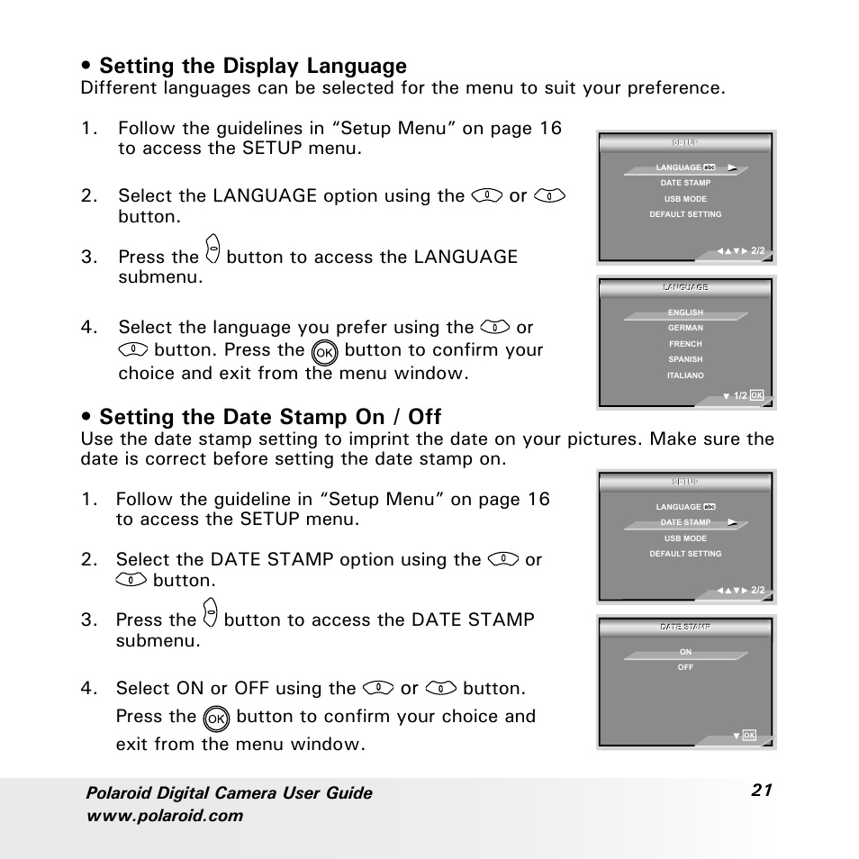 Setting the display language, Setting the date stamp on / off, Button | Polaroid a600 User Manual | Page 21 / 84