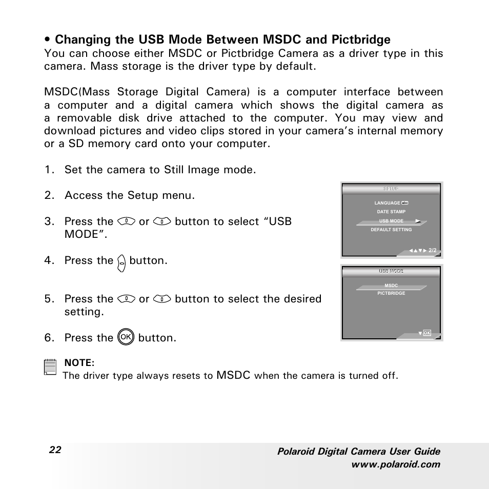 Changing the usb mode between msdc and pictbridge, Msdc | Polaroid a600 User Manual | Page 22 / 84