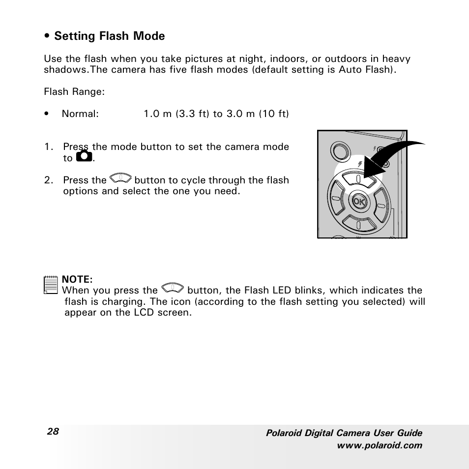 Setting flash mode | Polaroid a600 User Manual | Page 28 / 84