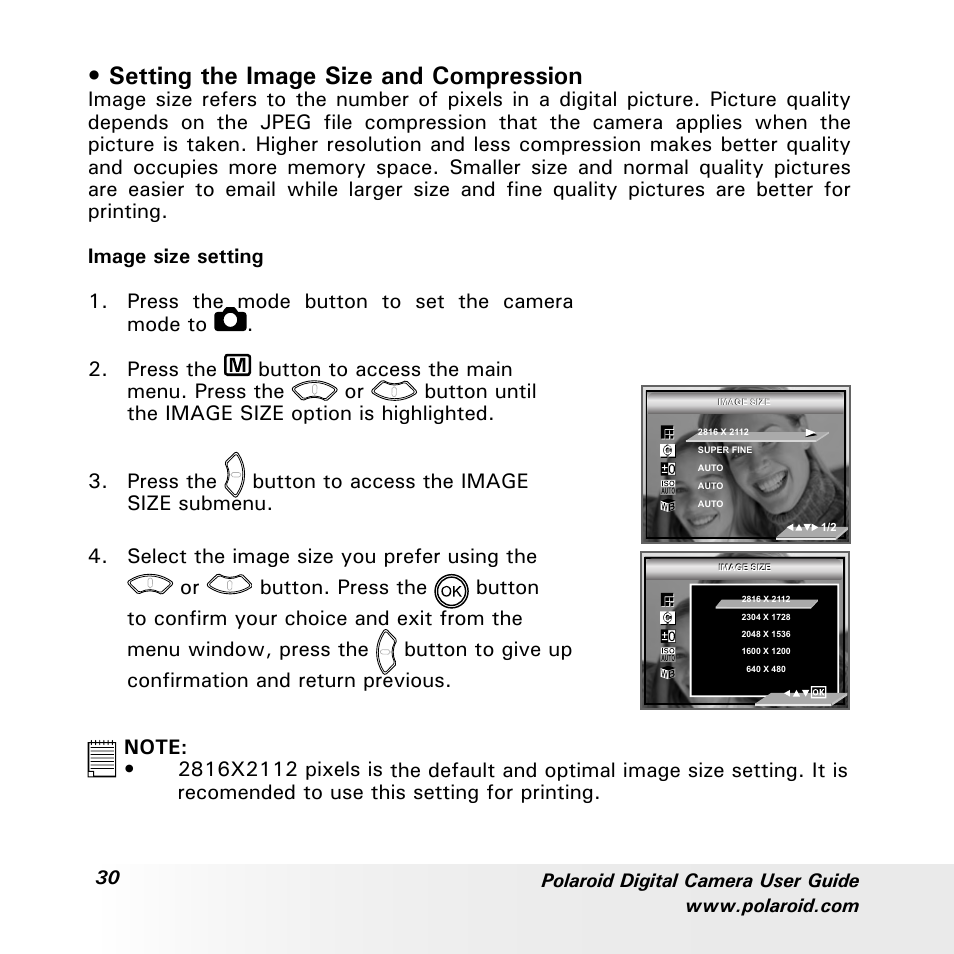 Setting the image size and compression | Polaroid a600 User Manual | Page 30 / 84