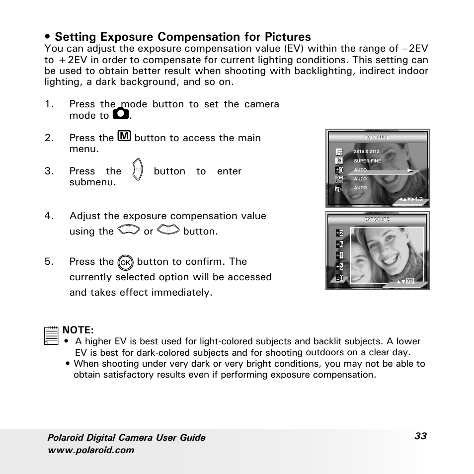 Setting exposure compensation for pictures | Polaroid a600 User Manual | Page 33 / 84