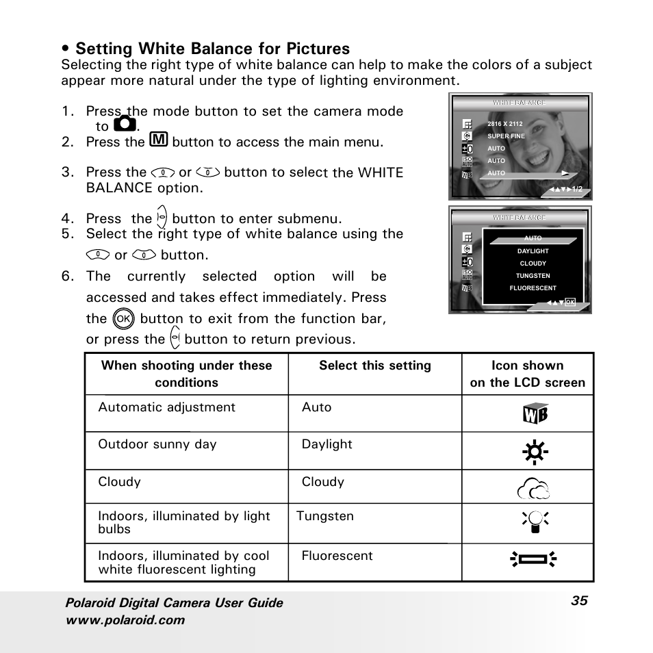 Setting white balance for pictures | Polaroid a600 User Manual | Page 35 / 84