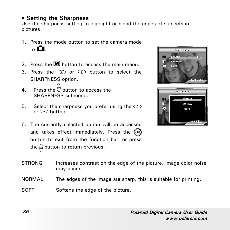 Setting the sharpness | Polaroid a600 User Manual | Page 36 / 84