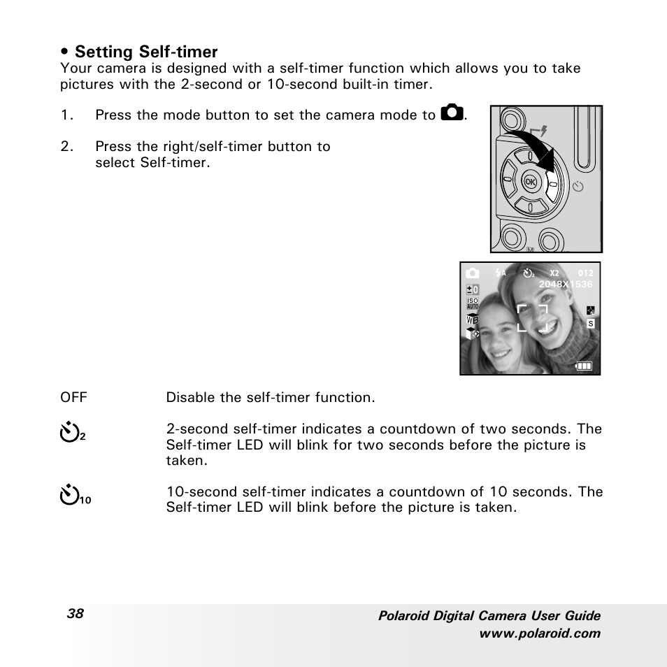 Setting self-timer | Polaroid a600 User Manual | Page 38 / 84