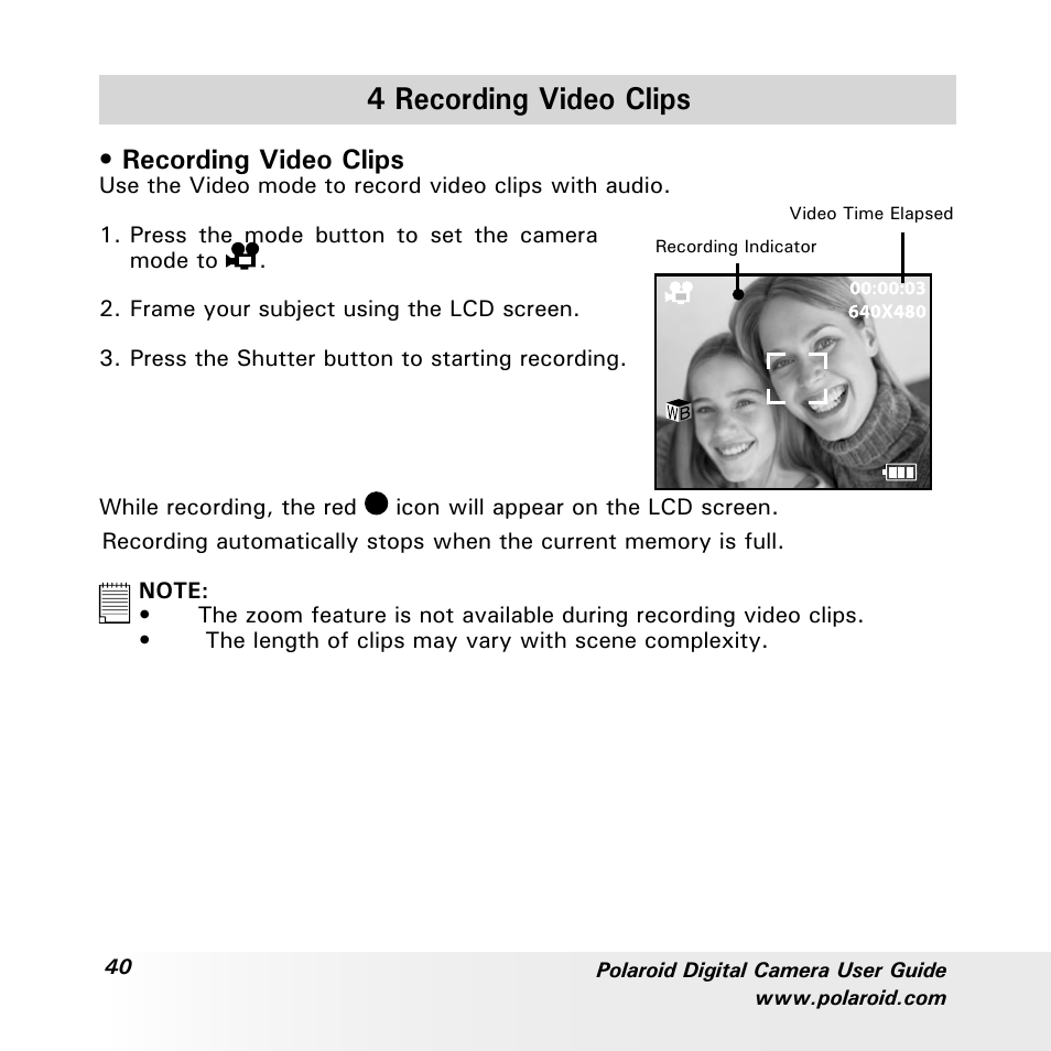 4 recording video clips, Recording video clips | Polaroid a600 User Manual | Page 40 / 84