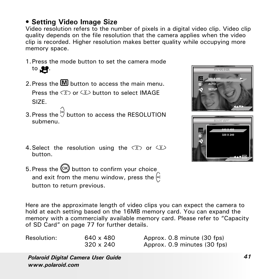 Setting video image size | Polaroid a600 User Manual | Page 41 / 84