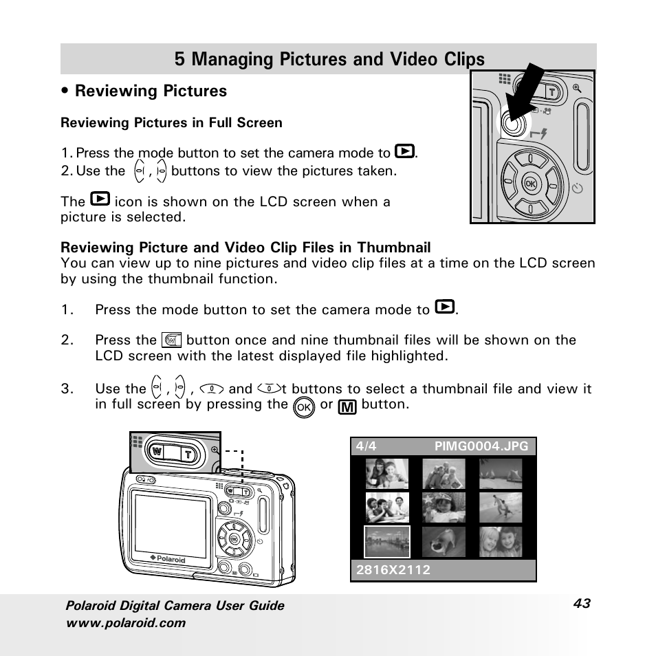 5 managing pictures and video clips, Reviewing pictures | Polaroid a600 User Manual | Page 43 / 84