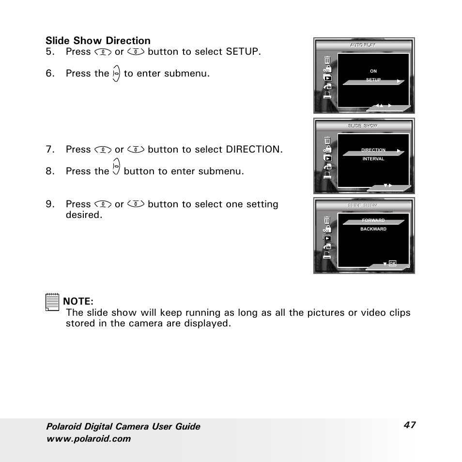 Slide show direction | Polaroid a600 User Manual | Page 47 / 84