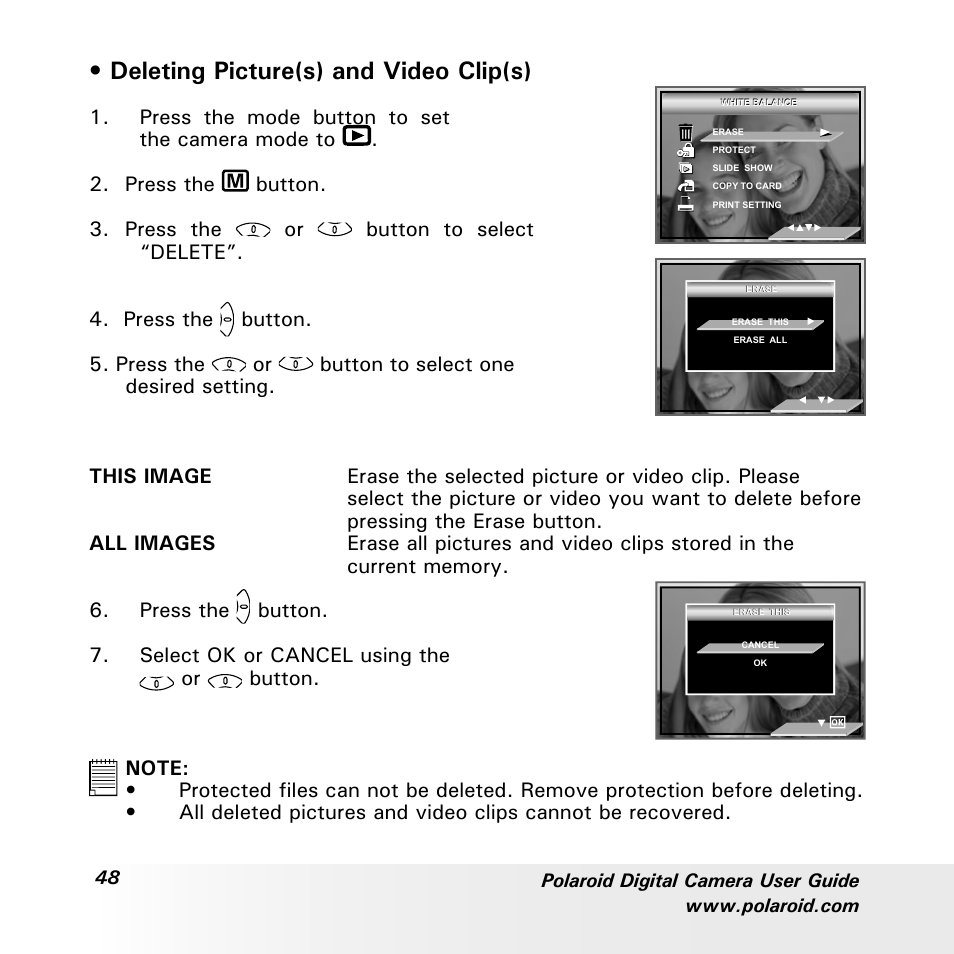 Deleting picture(s) and video clip(s) | Polaroid a600 User Manual | Page 48 / 84