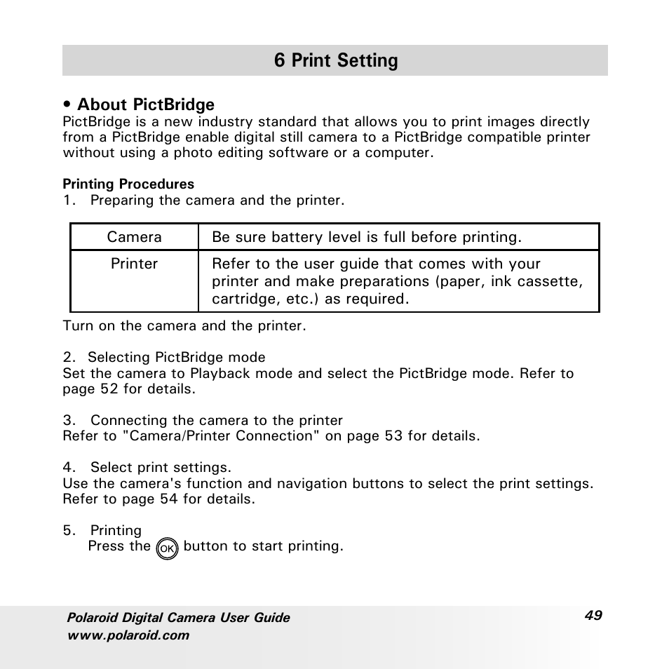 6 print setting, About pictbridge | Polaroid a600 User Manual | Page 49 / 84