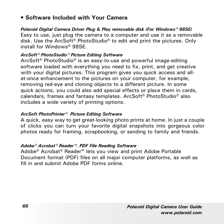 Software included with your camera | Polaroid a600 User Manual | Page 66 / 84