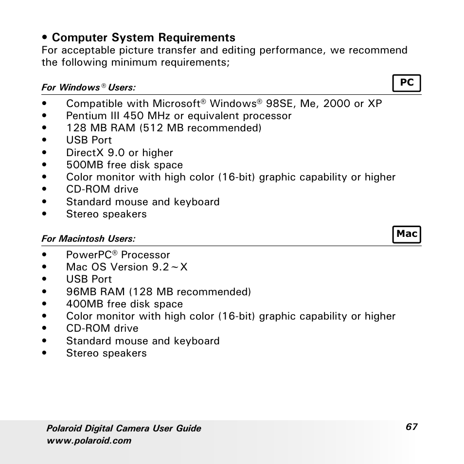 Computer system requirements | Polaroid a600 User Manual | Page 67 / 84