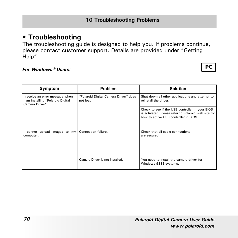 Troubleshooting, 10 troubleshooting problems | Polaroid a600 User Manual | Page 70 / 84