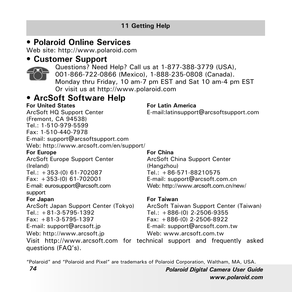 Polaroid online services, Customer support, Arcsoft software help | Polaroid a600 User Manual | Page 74 / 84