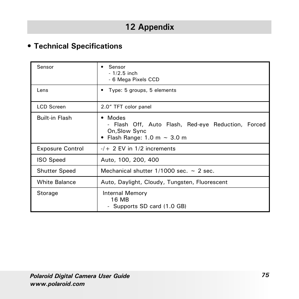 12 appendix, Technical specifications | Polaroid a600 User Manual | Page 75 / 84