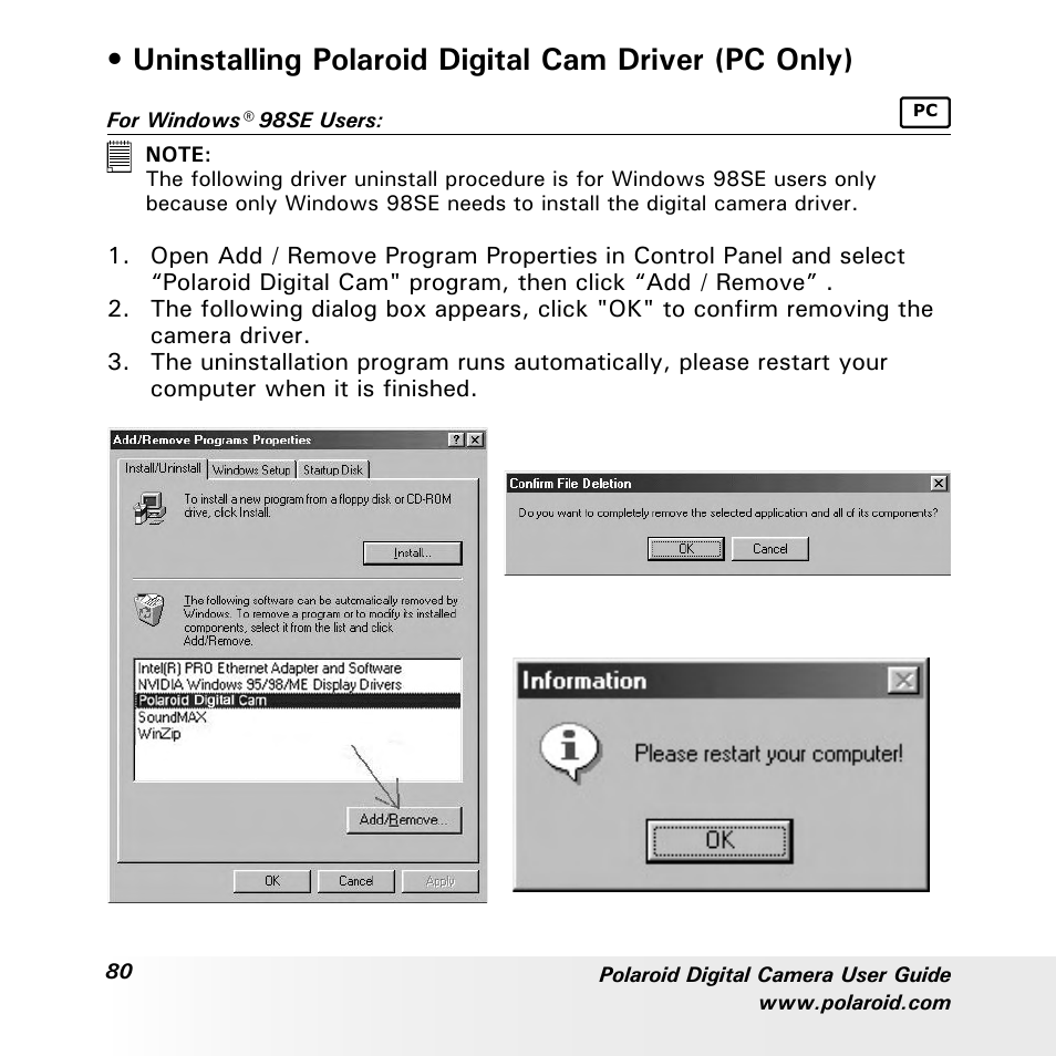 Uninstalling polaroid digital cam driver (pc only) | Polaroid a600 User Manual | Page 80 / 84