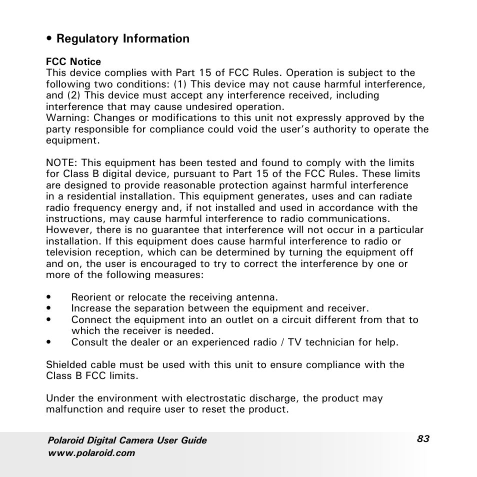 Regulatory information | Polaroid a600 User Manual | Page 83 / 84