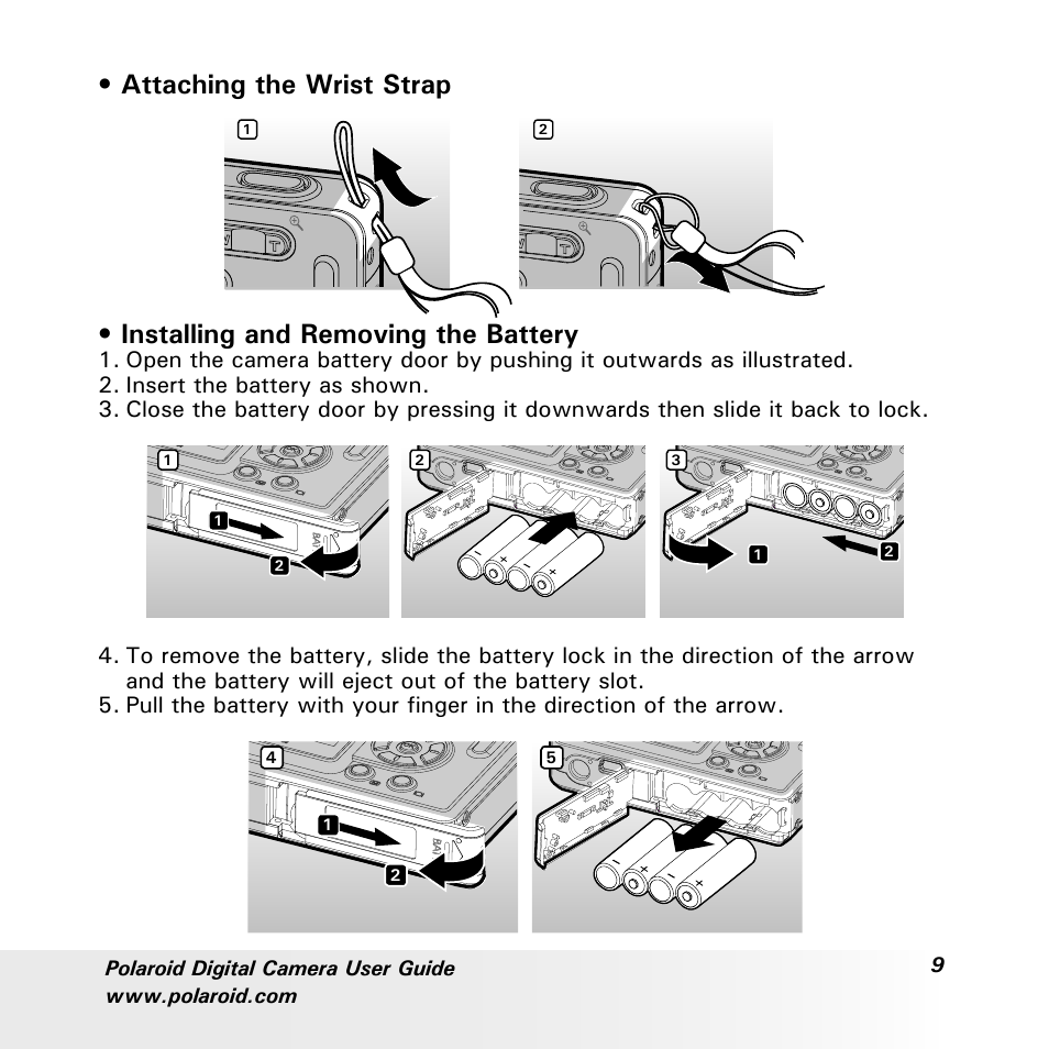 Attaching the wrist strap, Installing and removing the battery | Polaroid a600 User Manual | Page 9 / 84