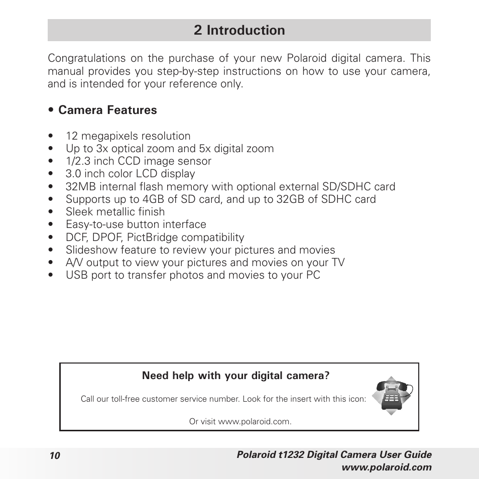 2 introduction, Camera features | Polaroid t1232 User Manual | Page 10 / 95