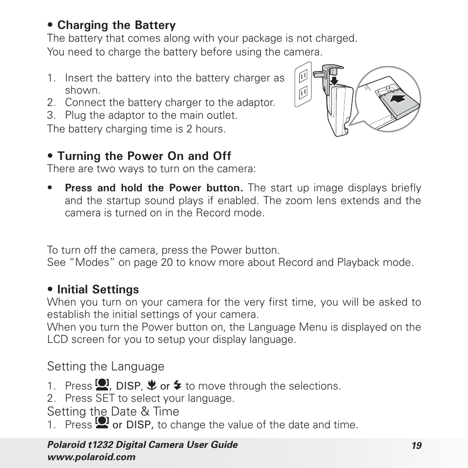 Charging the battery, Turning the power on and off, Initial settings | Setting the language, Setting the date & time | Polaroid t1232 User Manual | Page 19 / 95