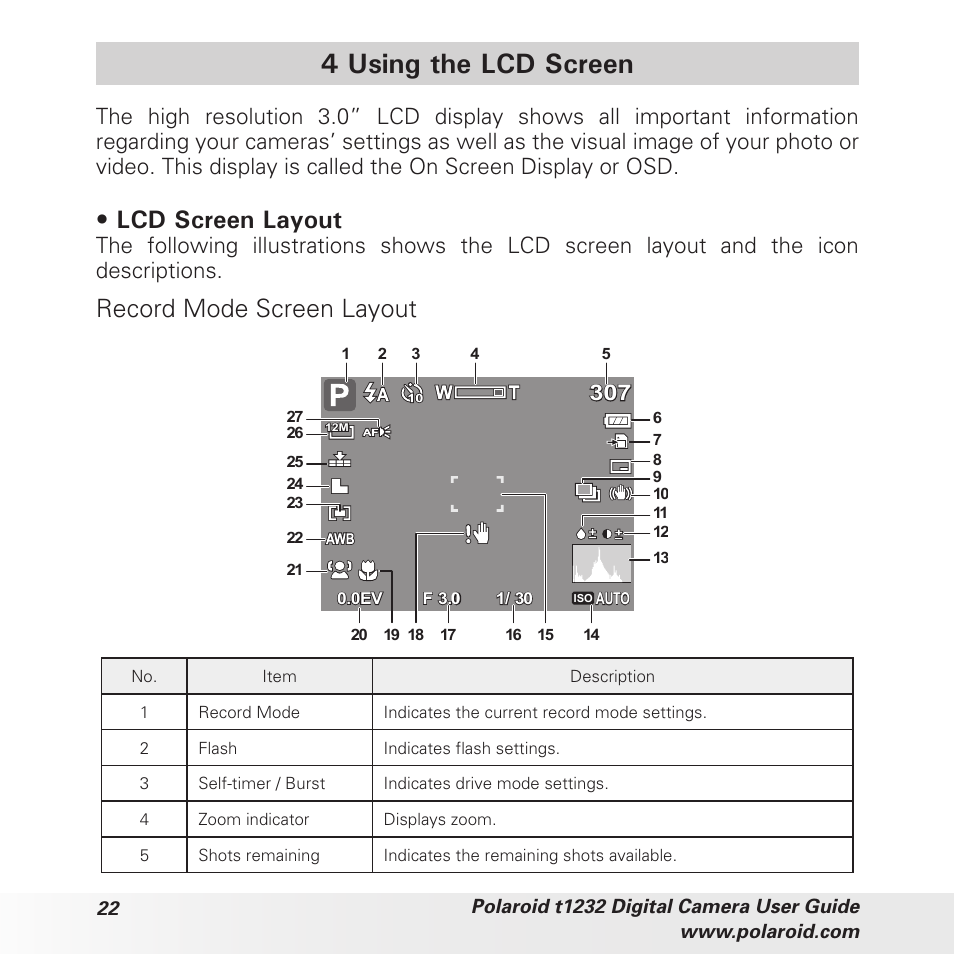 4 using the lcd screen, Lcd screen layout, Record mode screen layout | Polaroid t1232 User Manual | Page 22 / 95