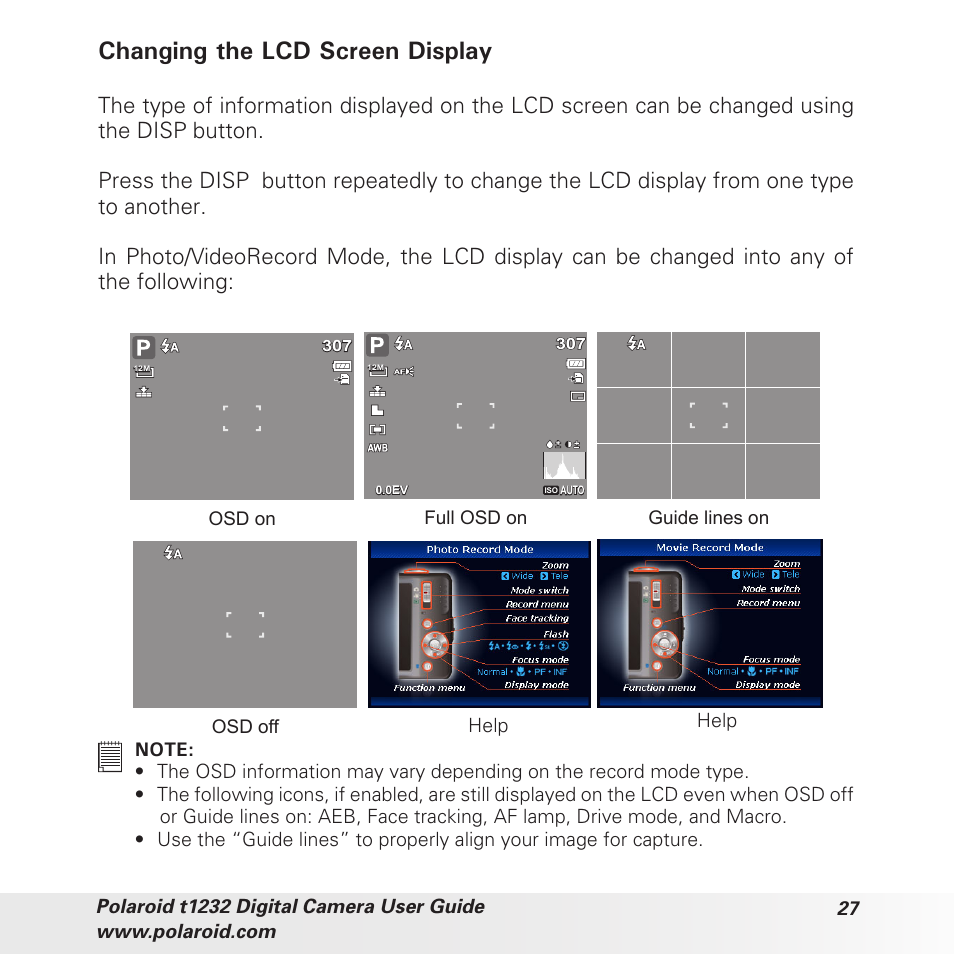 Changing the lcd screen display | Polaroid t1232 User Manual | Page 27 / 95