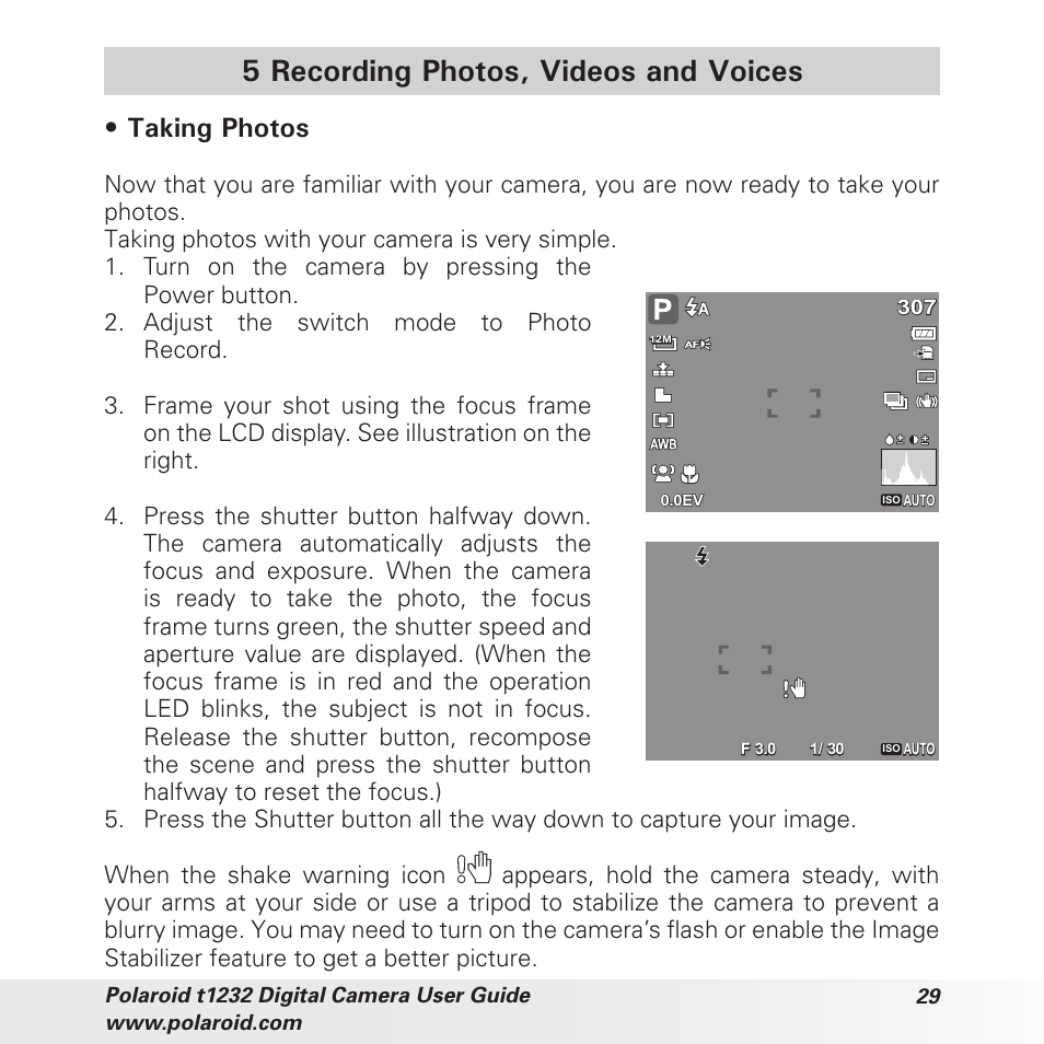 5 recording photos, videos and voices, Taking photos | Polaroid t1232 User Manual | Page 29 / 95