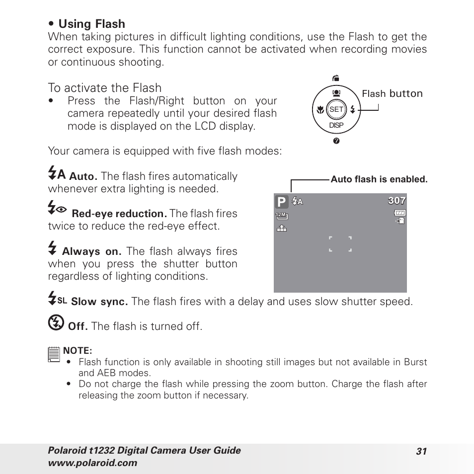 Using flash | Polaroid t1232 User Manual | Page 31 / 95