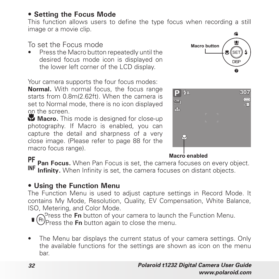 Setting the focus mode, Using the function menu | Polaroid t1232 User Manual | Page 32 / 95