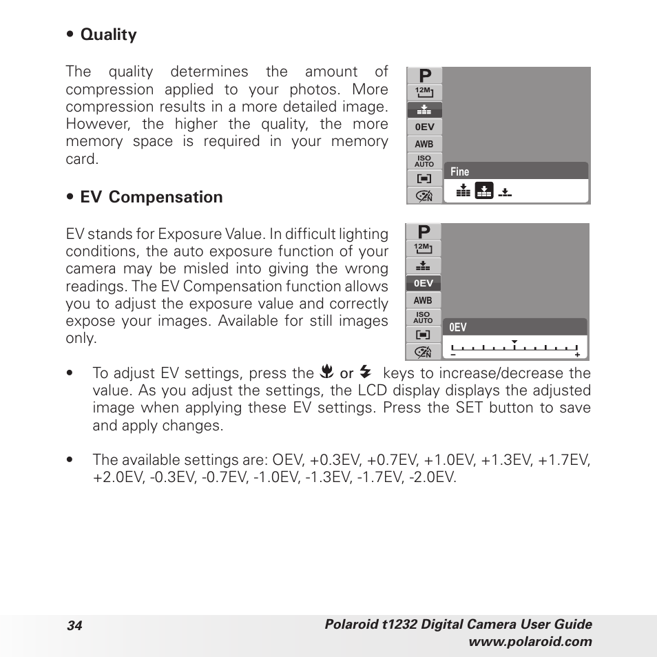 Quality, Ev compensation | Polaroid t1232 User Manual | Page 34 / 95