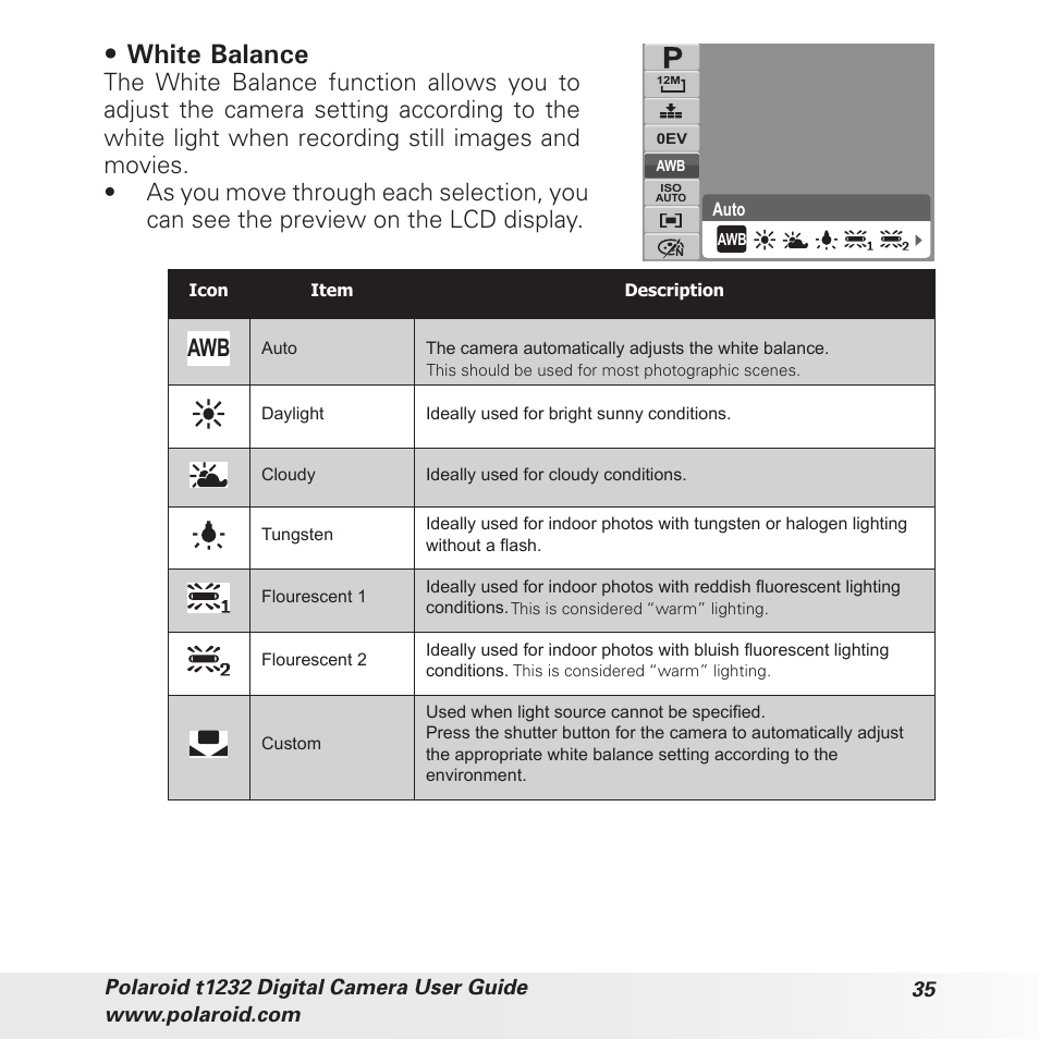 White balance | Polaroid t1232 User Manual | Page 35 / 95