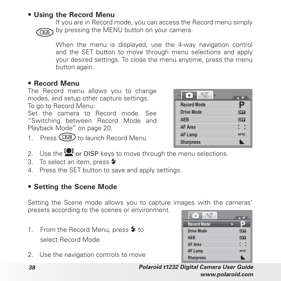 Using the record menu, Record menu, Setting the scene mode | Polaroid t1232 User Manual | Page 38 / 95