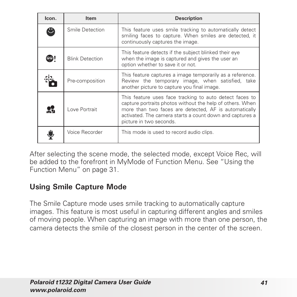 Using smile capture mode | Polaroid t1232 User Manual | Page 41 / 95