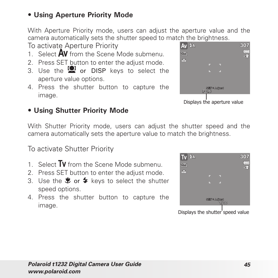 Using aperture priority mode, Using shutter priority mode | Polaroid t1232 User Manual | Page 45 / 95