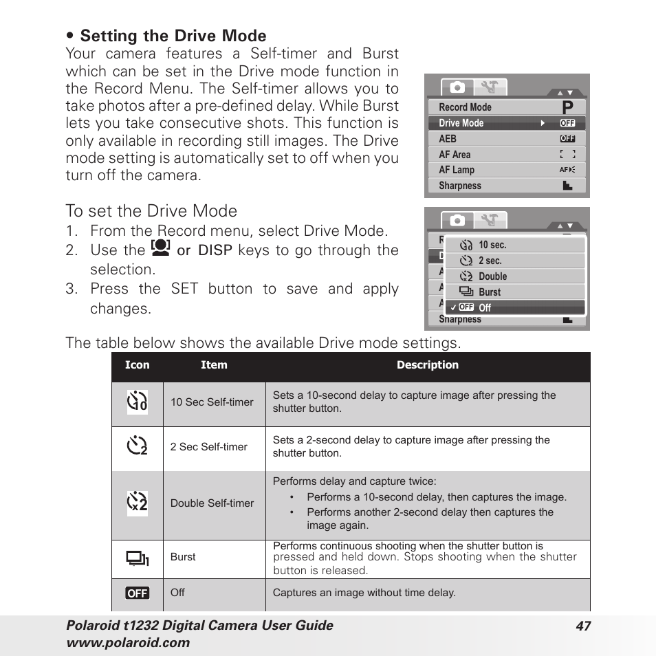 Setting the drive mode | Polaroid t1232 User Manual | Page 47 / 95