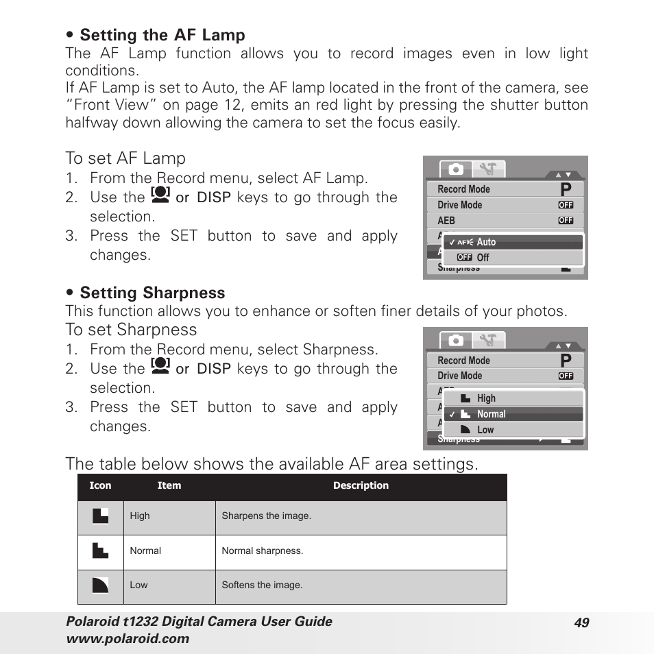 Setting the af lamp, Setting sharpness | Polaroid t1232 User Manual | Page 49 / 95